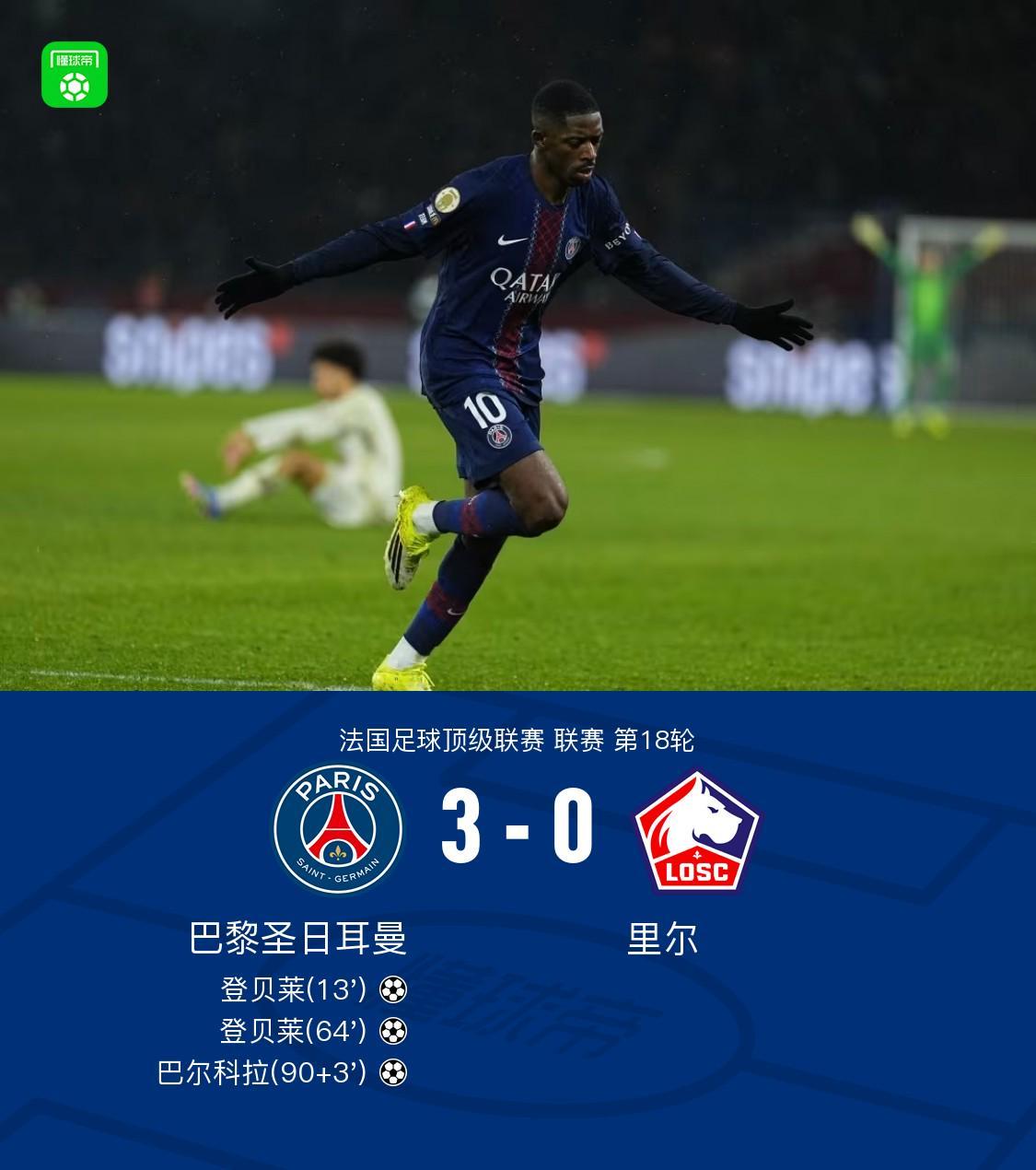 半岛体育APP-剑南春｜巴黎3-0里尔，登贝莱梅开二度，巴尔科拉建功